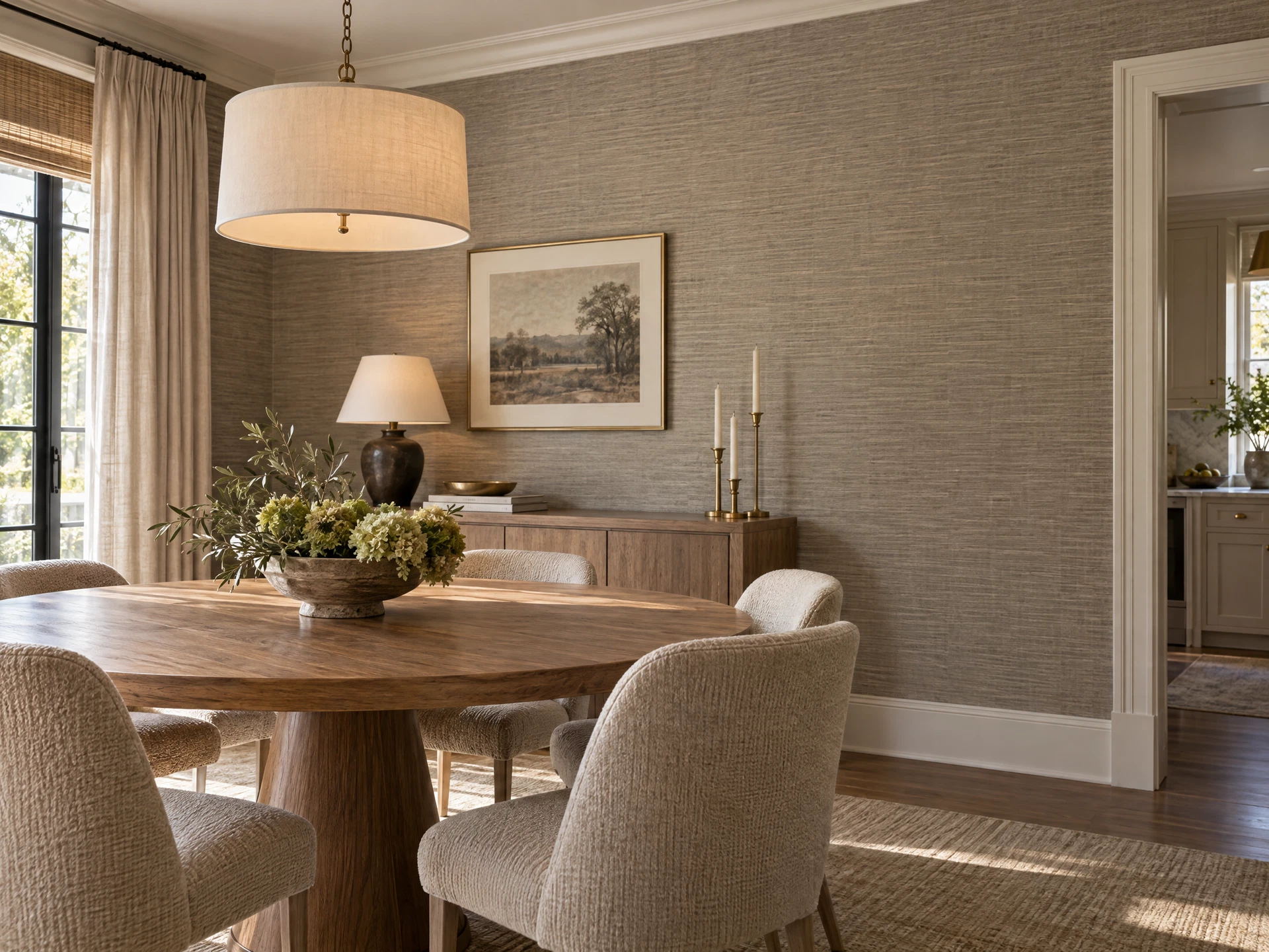 Textured grasscloth wallpaper in an elegant dining room