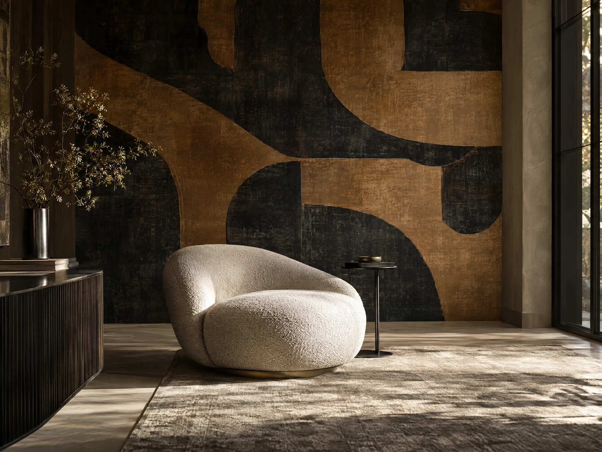 Charcoal and bronze abstract wallpaper accent wall