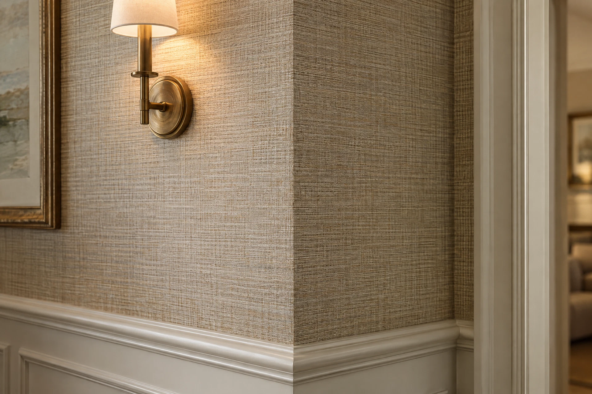Close detail of linen-textured wallcovering and brass sconce